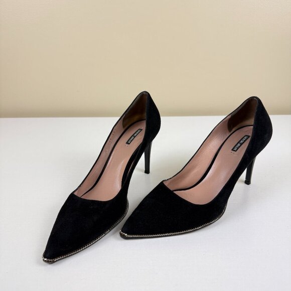 EUC Giorgio Armani Black Suede Heel Pump Point Toe Metallic Trim